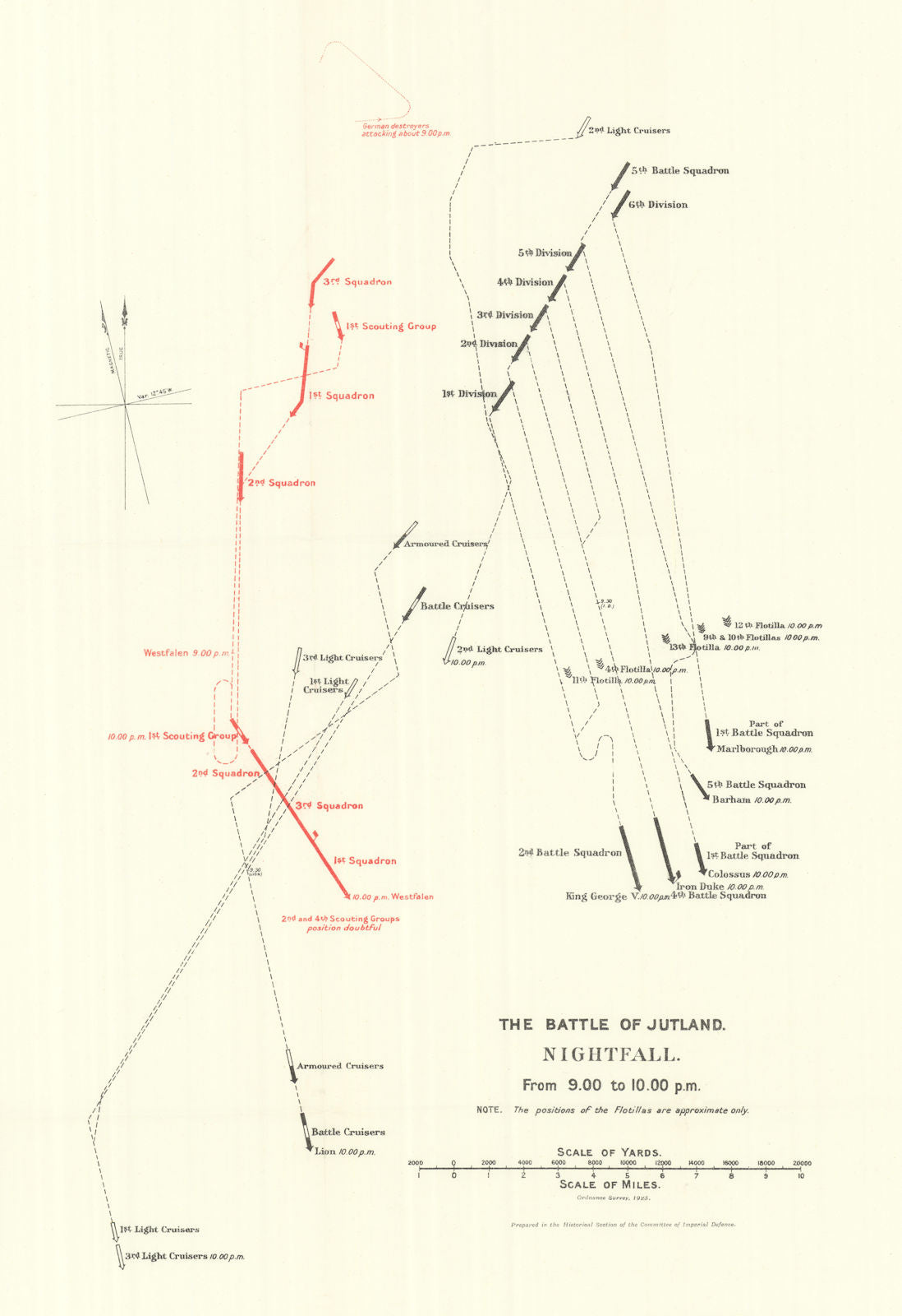Battle of Jutland. Nightfall. 9.00-10.00 pm 31 May 1916. WW1. 1923 old map